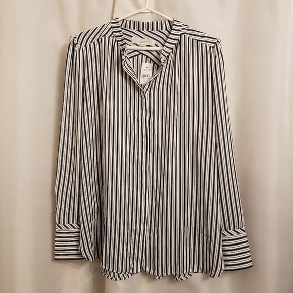 Loft women's size Large dark blue and white striped blouse, New - Picture 1 of 6